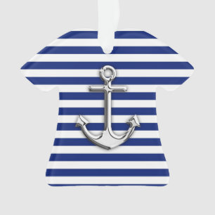 Chrome Anchor on Navy Stripes Print Ornament
