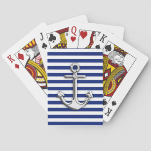 Chrome Anchor on Navy Stripes Print Playing Cards