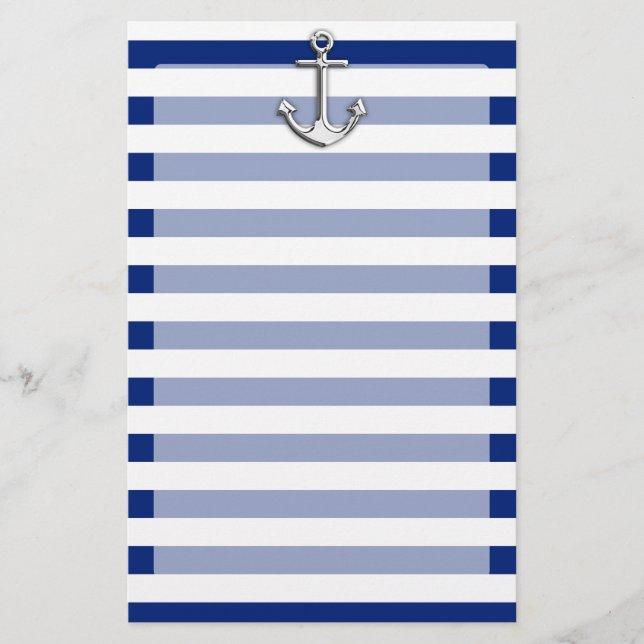 Chrome Anchor on Navy Stripes Stationery (Front)