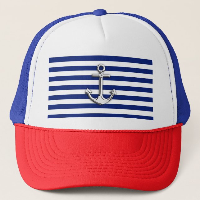 Chrome Anchor on Navy Stripes Trucker Hat (Front)