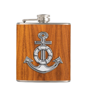 Chrome Anchor on Teak Print Hip Flask