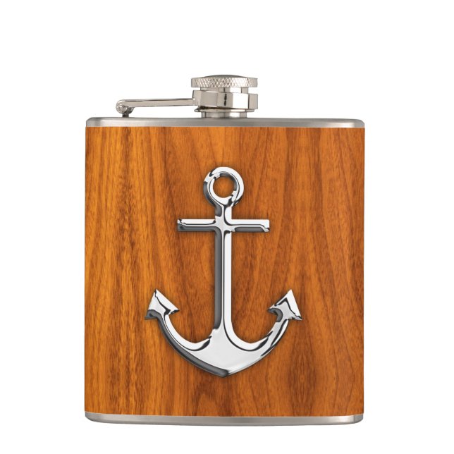 Chrome Anchor on Teak Print Hip Flask (Front)