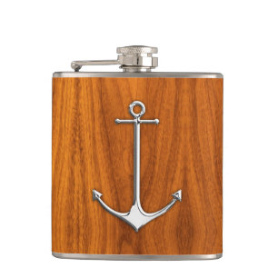 Chrome Anchor on Teak Print Hip Flask