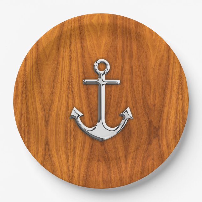 Chrome Anchor on Teak Veneer Style Paper Plate (Front)