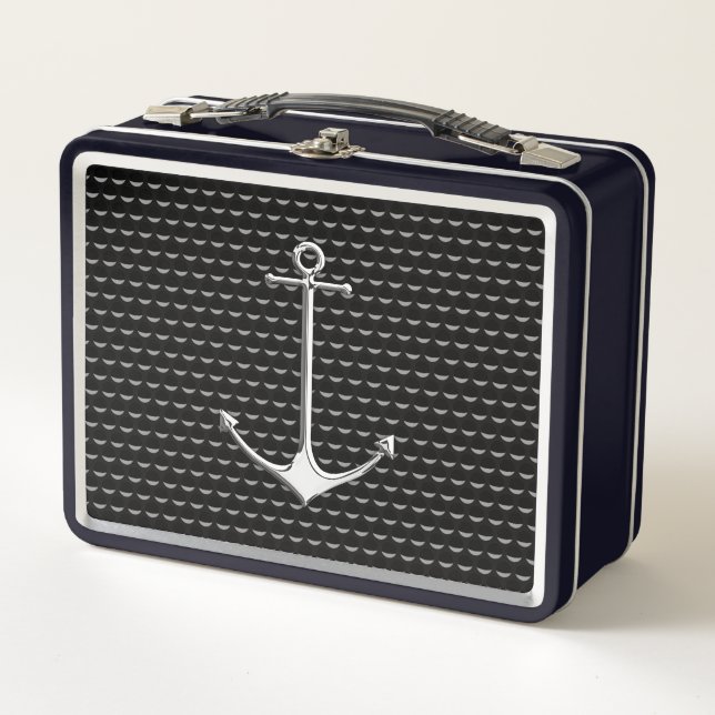 Chrome Anchor on Wave Cups Nautical Lifestyle Metal Lunch Box (Front)