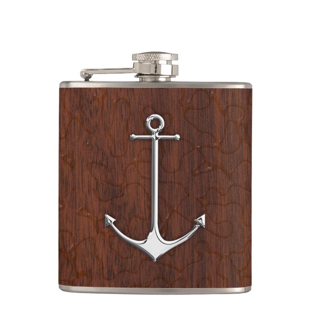 Chrome Anchor on Wet Mahogany Print Hip Flask (Front)