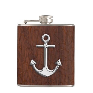 Chrome Anchor on Wet Mahogany Print Hip Flask