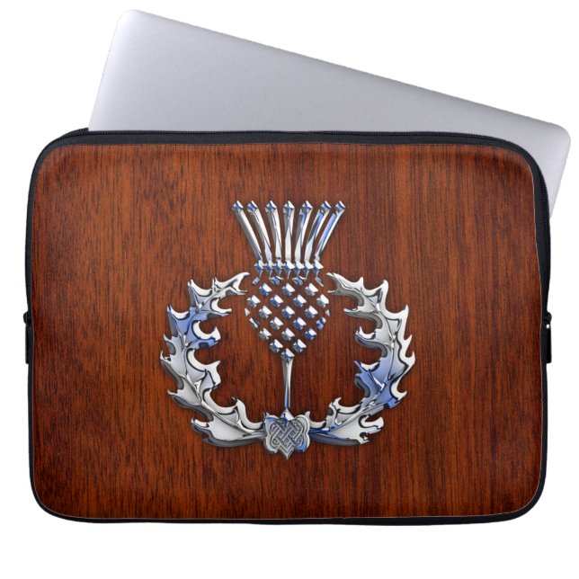 Chrome and Mahogany Wood Scottish Thistle Print Laptop Sleeve (Front)