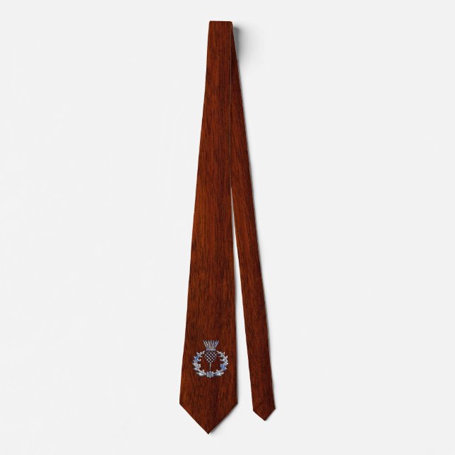 Chrome and Mahogany Wood Scottish Thistle Print Tie (Front)