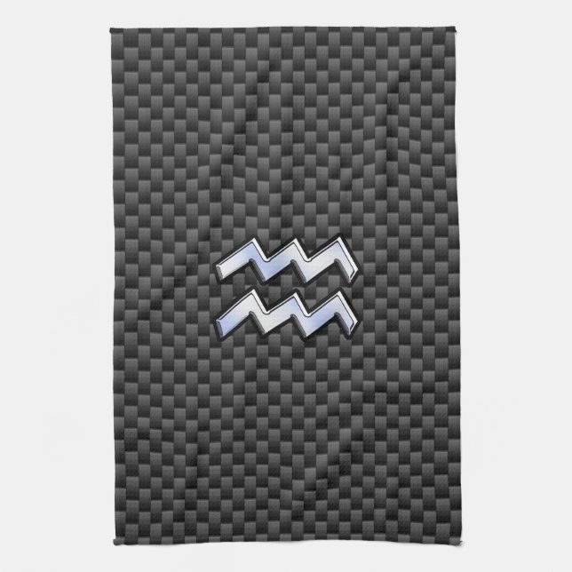 Chrome Aquarius Zodiac Sign Carbon Fibre Styles Tea Towel (Vertical)