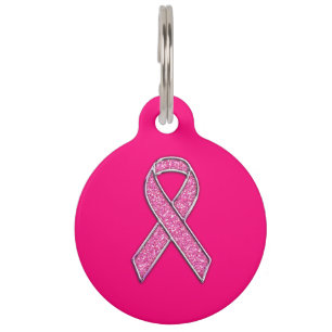Chrome Belted Glitter Style Pink Ribbon Awareness Pet Tag