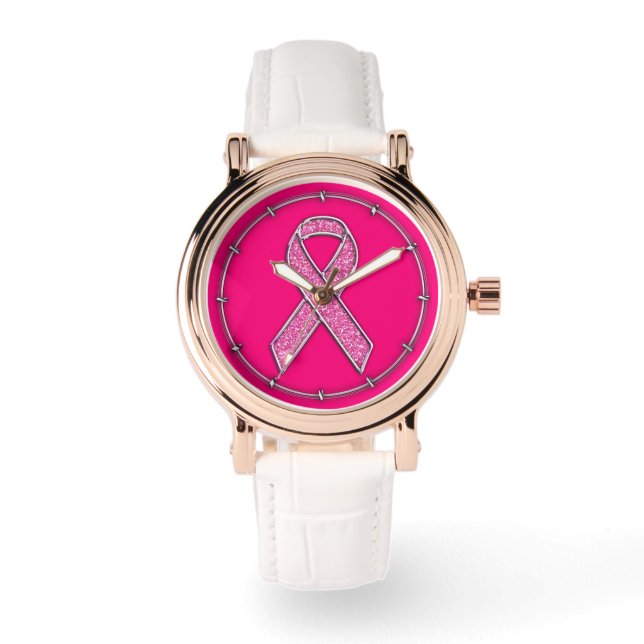 Chrome Belted Glitter Style Pink Ribbon Awareness Watch (Front)