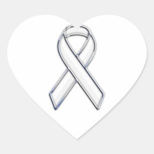 Chrome Belted Style White Ribbon Awareness Heart Sticker
