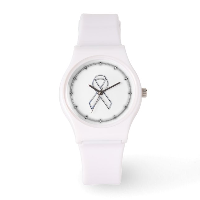 Chrome Belted Style White Ribbon Awareness Watch (Front)
