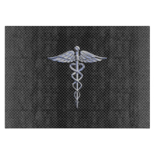 Chrome Caduceus Medical Symbol Black Carbon Fiber Cutting Board
