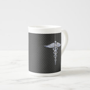 Chrome Caduceus Medical Symbol Black Carbon Fibre Bone China Mug