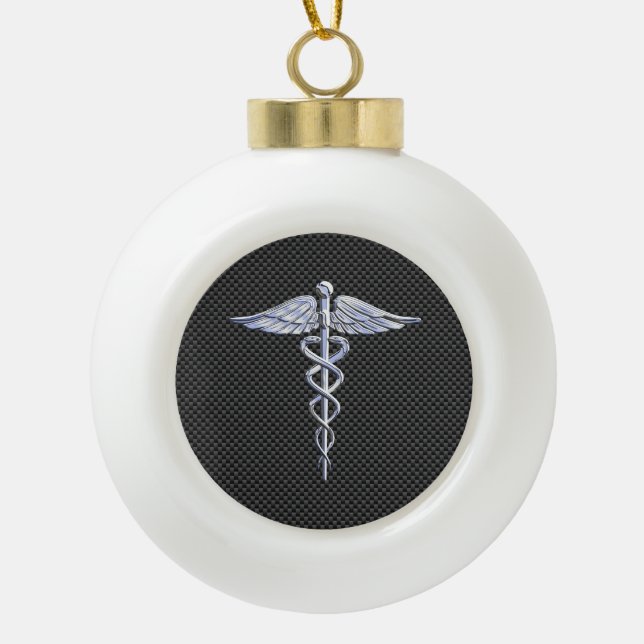 Chrome Caduceus Medical Symbol Black Carbon Fibre Ceramic Ball Christmas Ornament (Front)