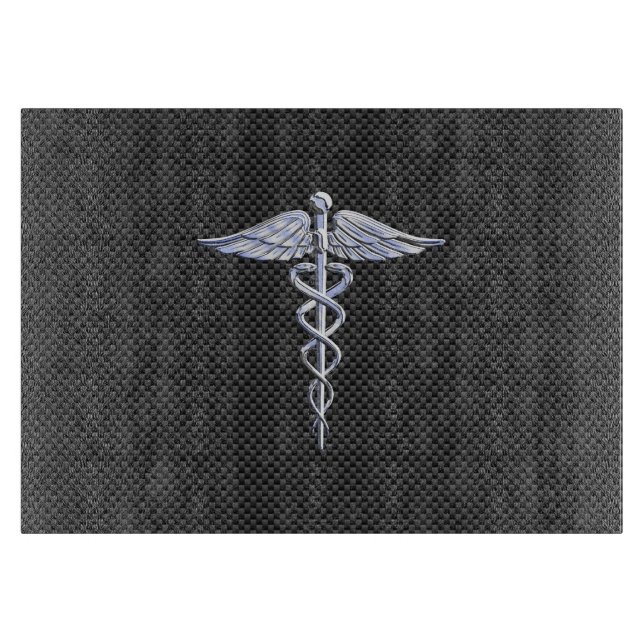 Chrome Caduceus Medical Symbol Black Carbon Fibre Cutting Board (Front)