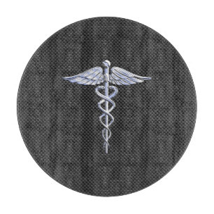 Chrome Caduceus Medical Symbol Black Carbon Fibre Cutting Board