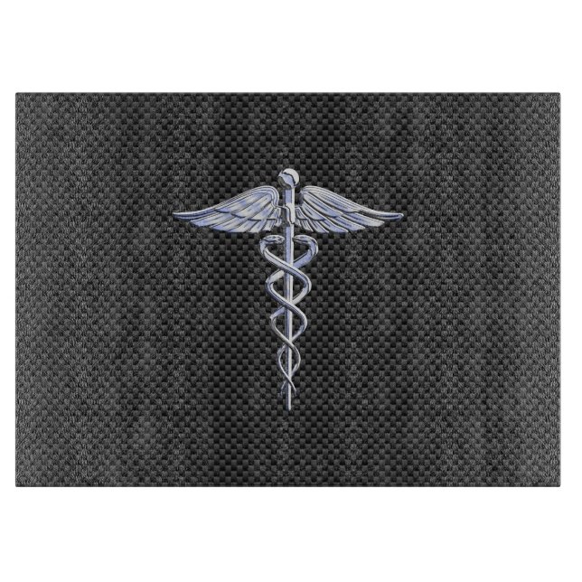 Chrome Caduceus Medical Symbol Black Carbon Fibre Cutting Board (Front)