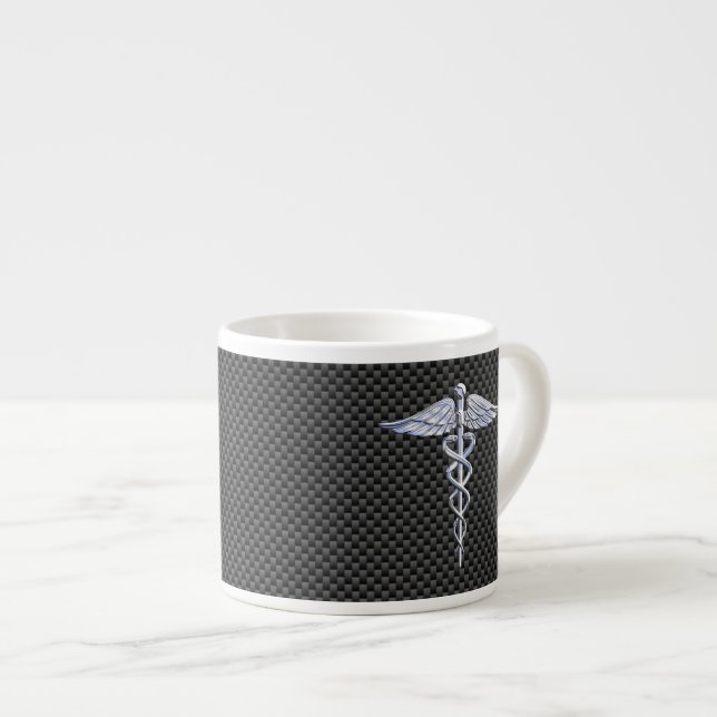 Chrome Caduceus Medical Symbol Black Carbon Fibre Espresso Cup (Front Right)