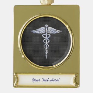 Chrome Caduceus Medical Symbol Black Carbon Fibre Gold Plated Banner Ornament