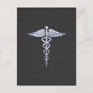 Chrome Caduceus Medical Symbol Black Carbon Fibre Postcard