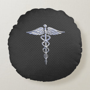 Chrome Caduceus Medical Symbol Black Carbon Fibre Round Cushion
