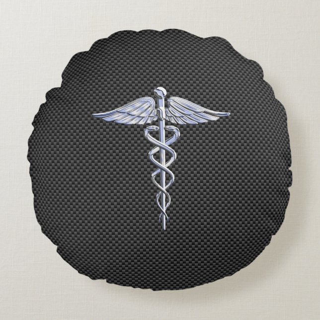 Chrome Caduceus Medical Symbol Black Carbon Fibre Round Cushion (Front)