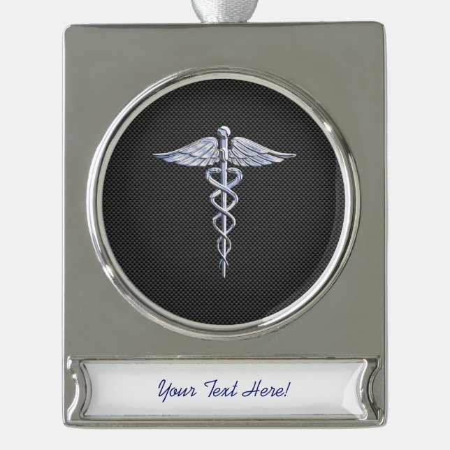 Chrome Caduceus Medical Symbol Black Carbon Fibre Silver Plated Banner Ornament (Front)