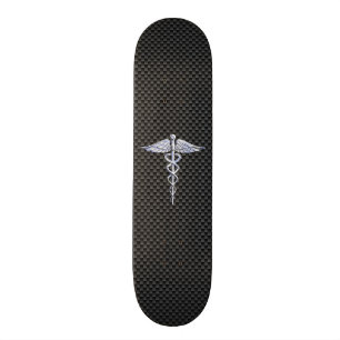 Chrome Caduceus Medical Symbol Black Carbon Fibre Skateboard