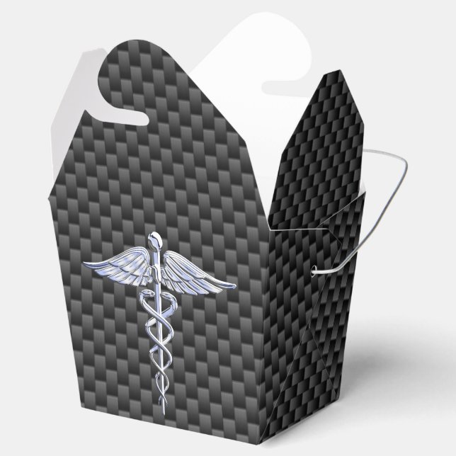 Chrome Caduceus Medical Symbol Carbon Fibre Decor Favour Box (Opened)