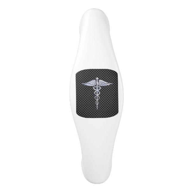 Chrome Caduceus Medical Symbol Carbon Fibre Print Ceramic Cabinet Pull (Front)