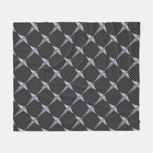 Chrome Caduceus Medical Symbol Carbon Fibre Print Fleece Blanket (Front (Horizontal))