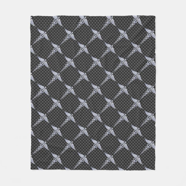Chrome Caduceus Medical Symbol Carbon Fibre Print Fleece Blanket (Front)