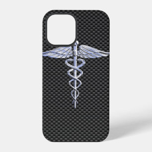 Chrome Caduceus Medical Symbol Carbon Fibre Print iPhone 12 Pro Case