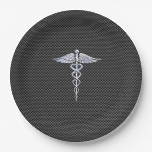 Chrome Caduceus Medical Symbol Carbon Fibre Print Paper Plate