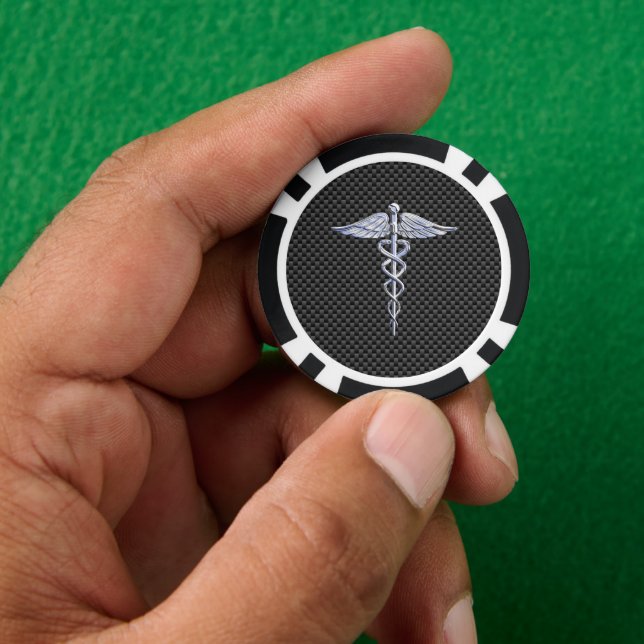 Chrome Caduceus Medical Symbol Carbon Fibre Print Poker Chips (Hand)