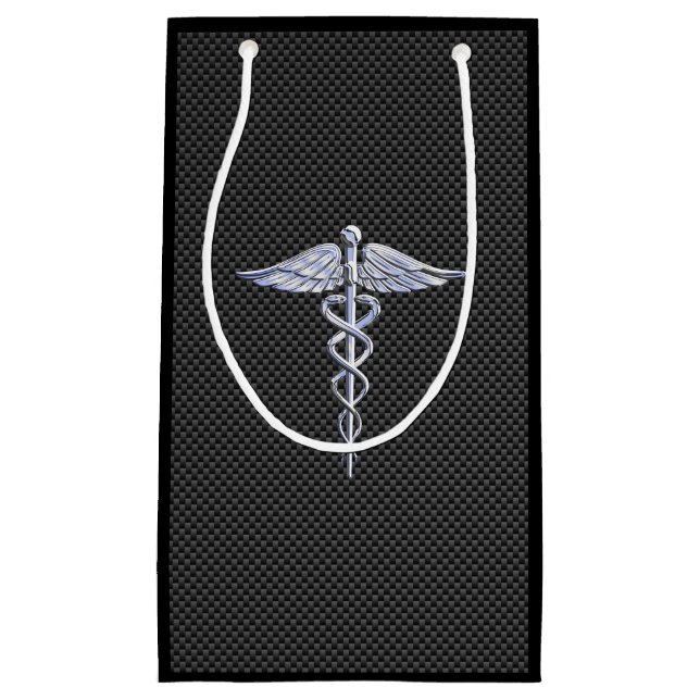 Chrome Caduceus Medical Symbol Carbon Fibre Print Small Gift Bag (Front)