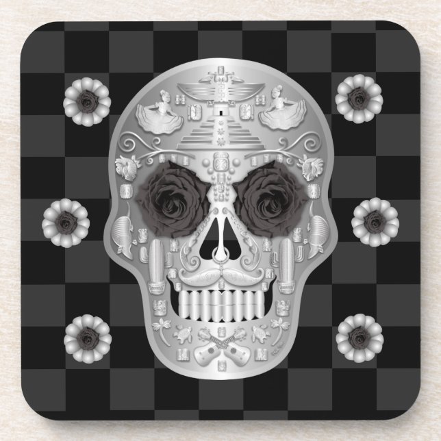 Chrome Calavera (Black Rose) Beverage Coaster (Front)