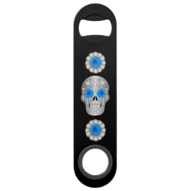 Chrome Calavera (Blue Rose) Bar Key (Front)