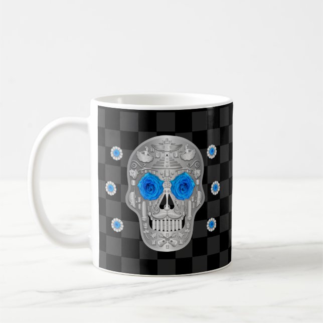 Chrome Calavera (Blue Rose) Coffee Mug (Left)