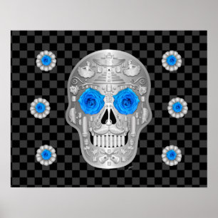 Chrome Calavera (Blue Rose) Faux Canvas Print