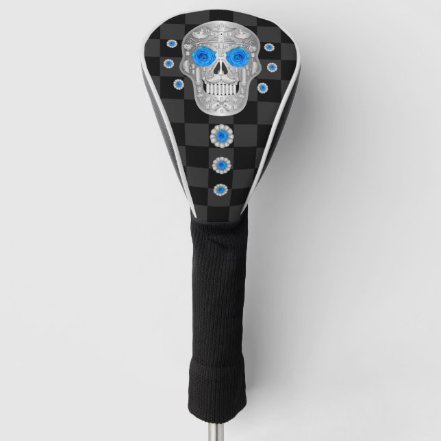 Chrome Calavera (Blue Rose) Golf Head Cover (Front)