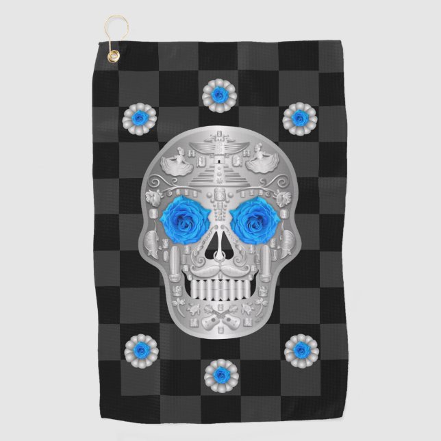 Chrome Calavera (Blue Rose) Golf Towel (Front)