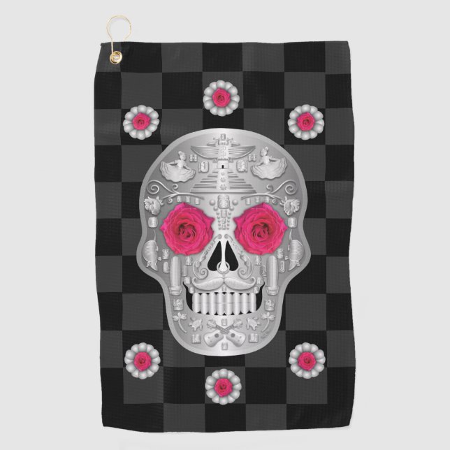 Chrome Calavera (Pink Rose) Golf Towel (Front)