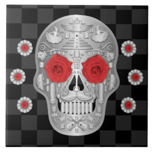 Chrome Calavera (Red Rose) Ceramic Tile