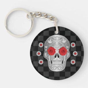 Chrome Calavera (Red Rose) Keychain