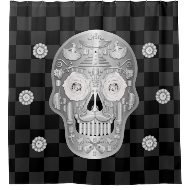 Chrome Calavera (White Rose) Shower Curtain (Front)