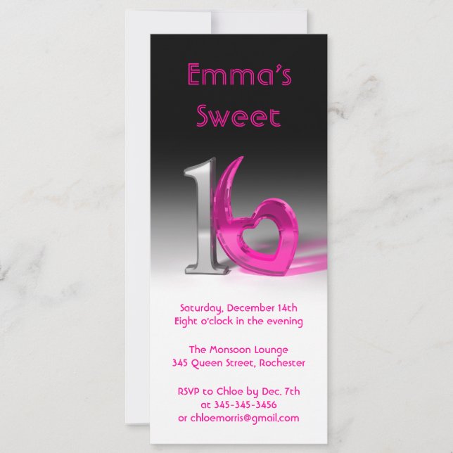 Chrome & Candy Pink Sweet 16 (tall) Invitation (Front)